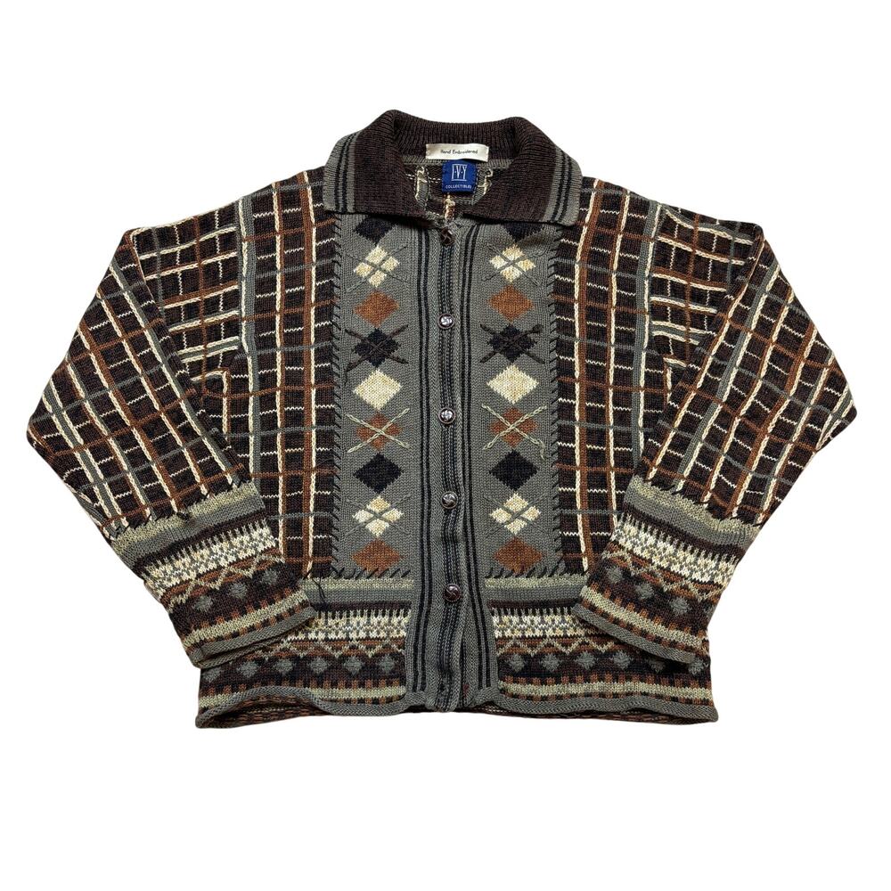 Vintage Ivy Collectibles Hand Embroidered Knit Collar Cardigan Sweater Large